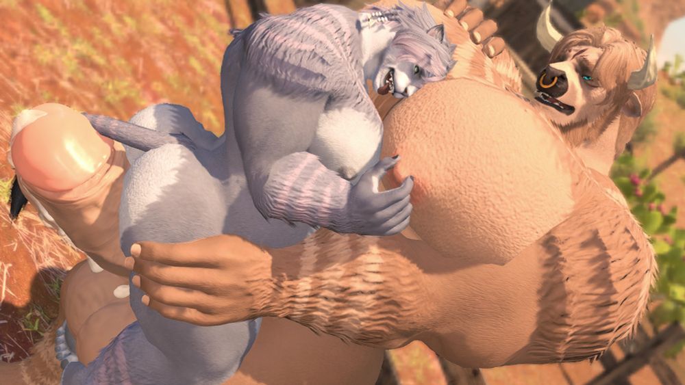 Ren (a gray hrothgar with pink stripes) is being held up by Niu Nai (a peach-tan bovine hroth with cow nosering and horns. He is about twice Ren's size and has fat tits). Ren is sitting on top of Niu Nai's large cock, their cheeks spread on top of it, his large balls hanging between their legs as their feet are lifted from the ground. Ren's back is arched as their face is nestled between Niu Nai's large tits, their tongue lolled as their in a state of bliss, pinching one of Niu Nai's nipples. Each tit is about three times larger than Ren's own head, Ren grinding up against them in complete worship. Niu Nai has a submissively pleased expression, one hand rested on one breast, while the other is on Ren's thigh, keeping them steady.