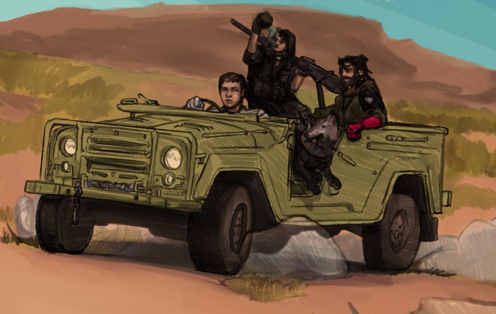 2 women and a pony tailed man ride an olive green suv, it’s being driven by a woman with short hair and a white stealth suit. The woman and man in the back are in fatigues with the woman in grey and well equipped and the man in an olive green set. The grey one throws water back at her own face as the suv rides on.