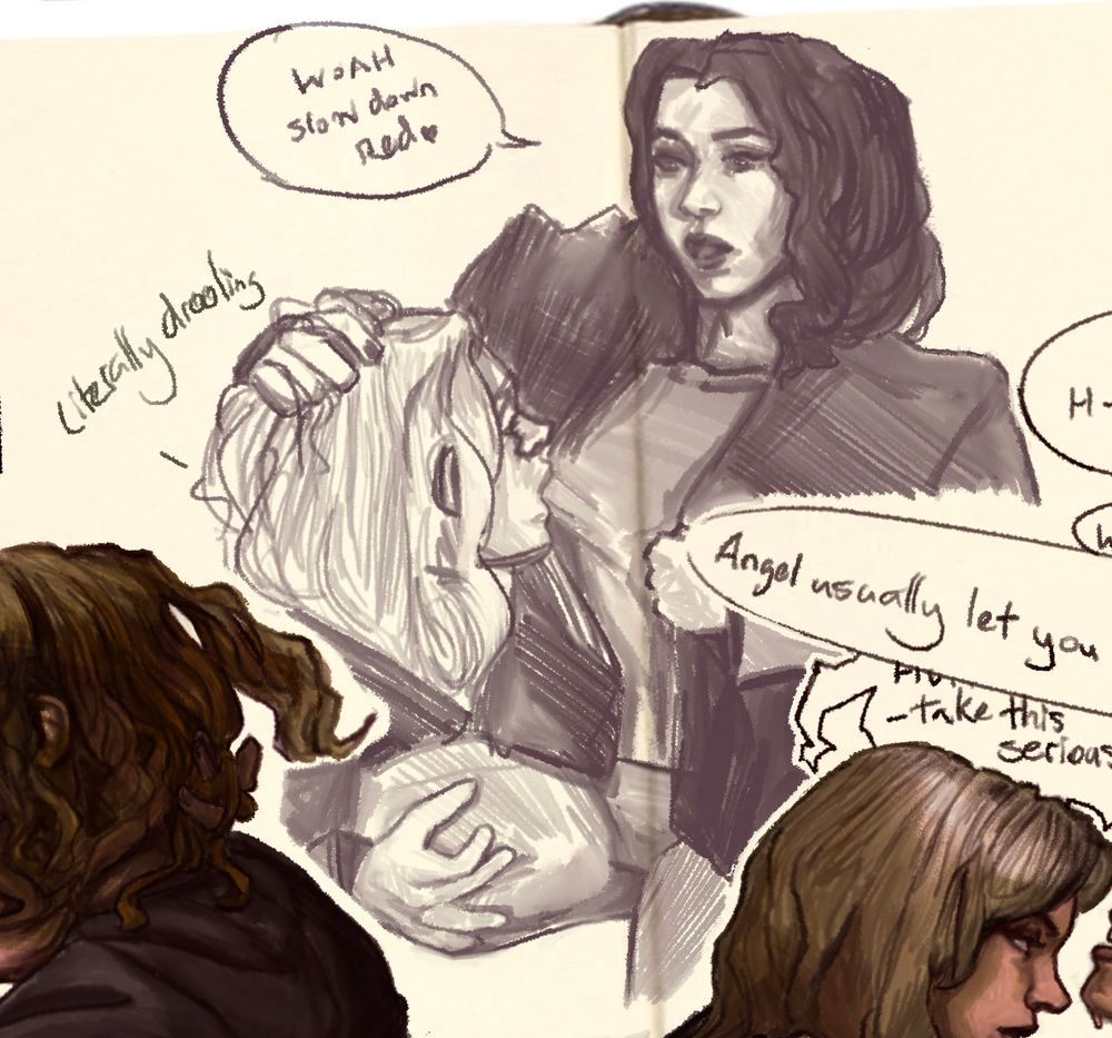 Buffy bites faith’s tit through her shirt grabbing her inner thigh, annotated ‘literally drooling’
Faith exclaims holding her head: WOAH Slow down Red ❤️