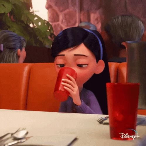 A Pixar cartoon girl who's drinking and then the drink comes out of her nose
