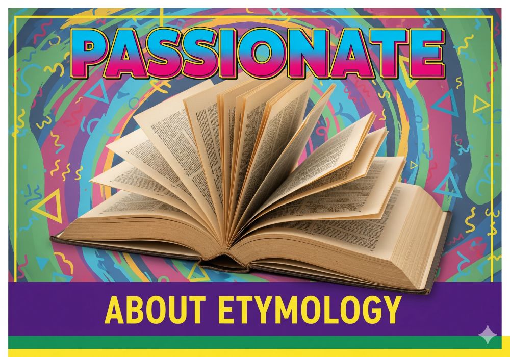 AI generated image from the prompt "Make an image in the style of 1990s motivational posters. Except the text reads, "passionate about etymology""