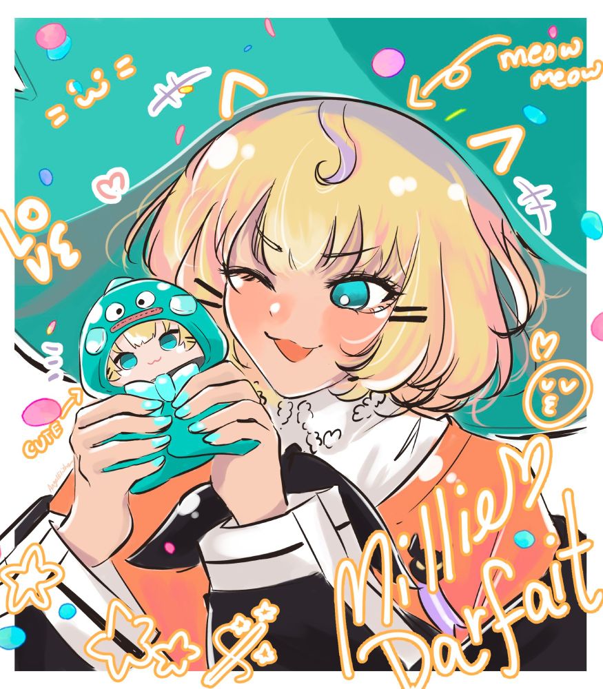 Millie Parfait Fan Art holding her Millie pape wearing a hangyodon cape with some doodles on the side