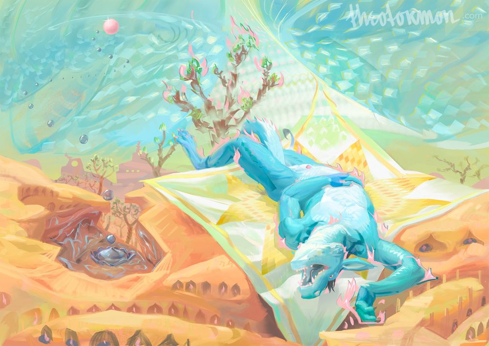ALT: anthro dragon lounging on abstract sun quilt laid on desert rock, sky looks kinda fucked, also there's a pink sphere with spiralling water droplets . . . and joshua trees. I promise it's totally so deep.