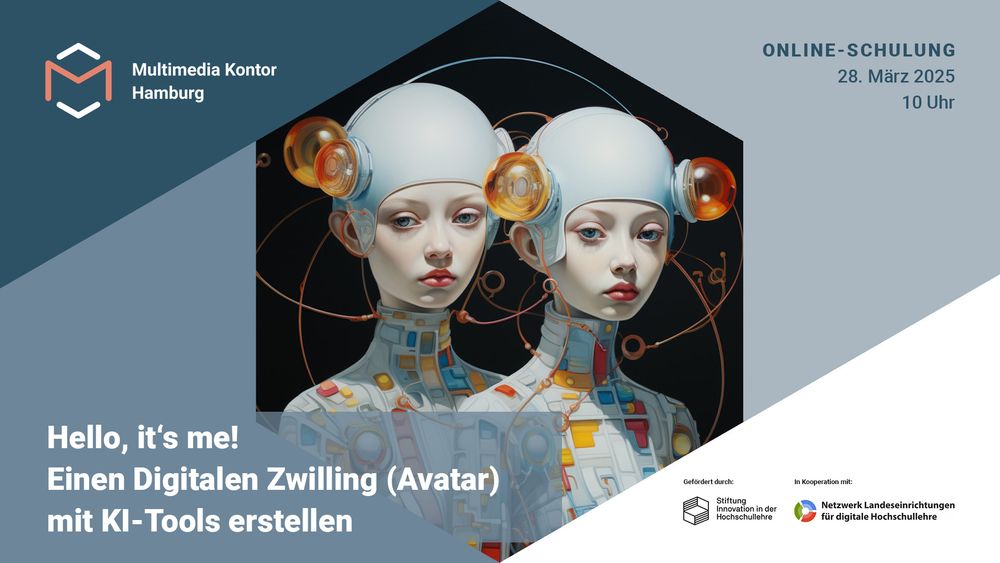 KI generierte surrealistische Zwillige und dem Text Hello, it‘s me! Einen Digitalen Zwilling (Avatar) mit KI-Tools erstellen