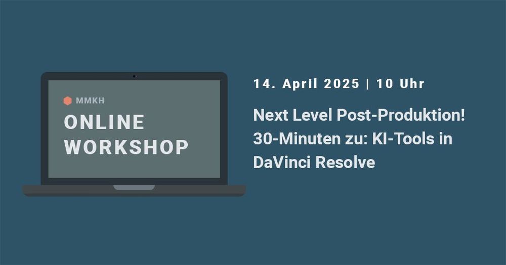 Grafik eines Notebooks mit dem Text Next Level Post-Produktion! 30-Minuten zu: KI-Tools in DaVinci Resolve