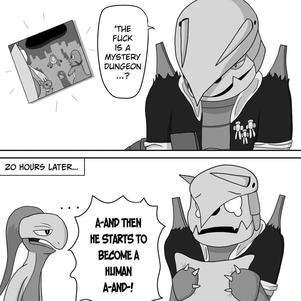 Panel 1: "The fuck is a Mystery Dungeon...?" (Aggron Brick plays a Game Boy Advance with the PMD: Red Rescue Team box art on the left)

Panel 2: "20 Hours Later..." "A-AND THEN HE STARTS TO BECOME A HUMAN A-AND-!" Aggron Brick breaks down while a Grovyle is incredulous.