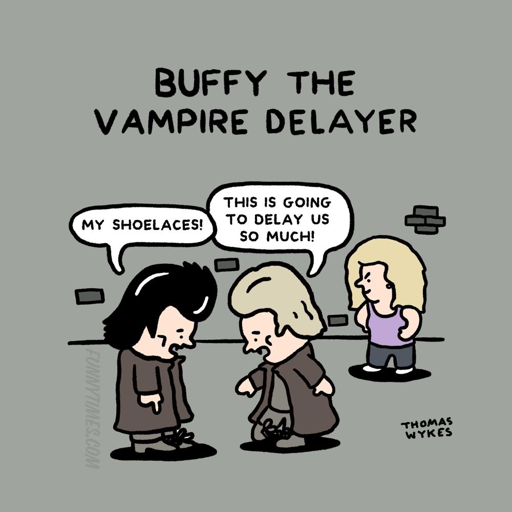 Two vampires got their shoe laces tangled with Buffy showing a sly smile in the background.
