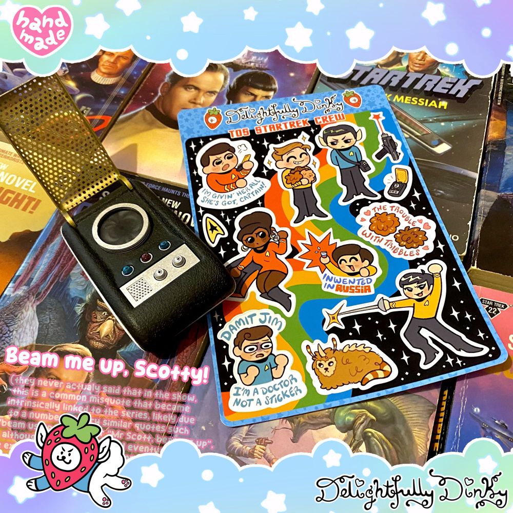 A colourful sticker sheet depicting cute version of the cast of Star Trek: The Original Series. The photo is decorated with a communicator prop from the show, and retro Star Trek books in the background. This is an advertisement for Delightfully Dinky on Etsy.