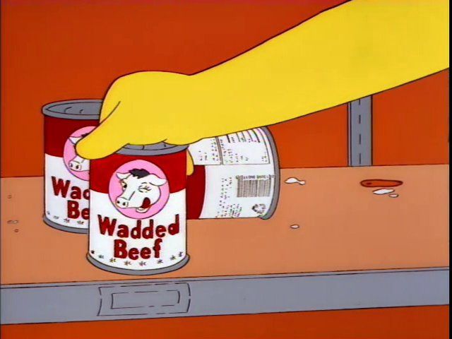 Still from The Simpsons - Marge's hand atop a Campbell's soup style can that reads Wadded Beef