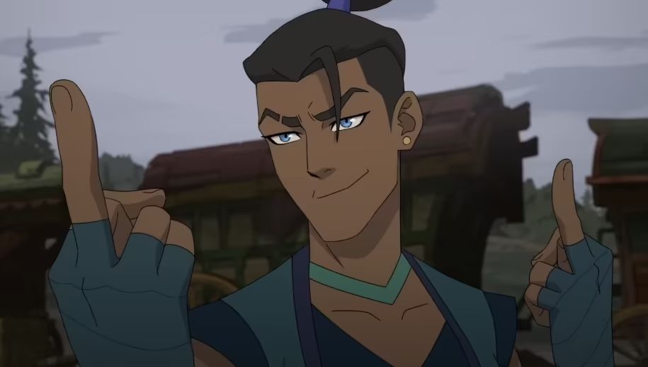 Beauregard "Beau" Lionett from The Mighty Nein who is flipping off the camera and I cannot stress this enough, looks like Sokka discovered E and confidence at the same time and is just doing so good with it