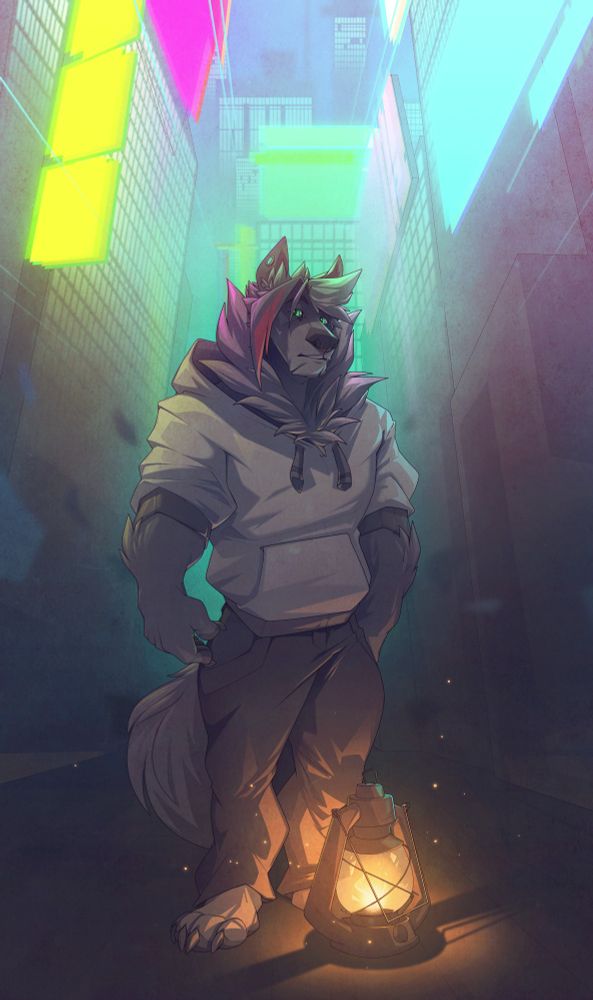 the canine tides stands alone in an alleyway. in every direction the neon lights carry all the way into the sky - 

meanwhile, at his feet is an old antique lantern. the light is warm, but doesn't carry anywhere near as far.