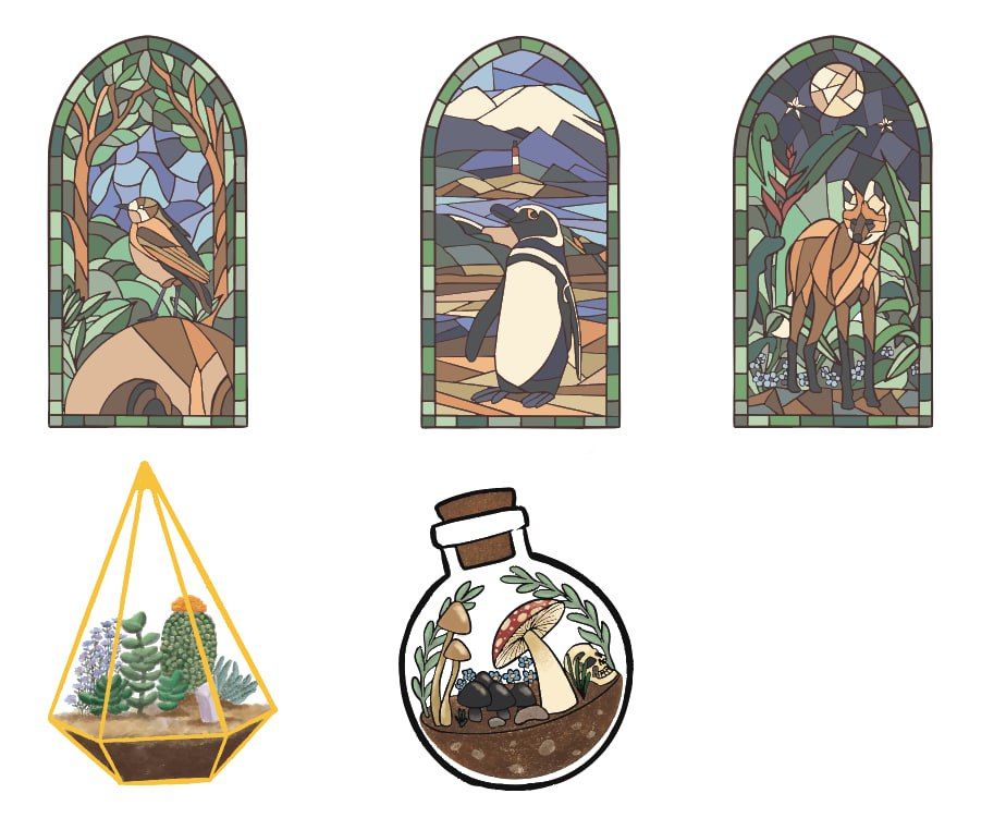 A white layout file showing 5 stickers designs: the upper three imitate vitreaux windows, the first one is a Furnarius rufus over his mud round house, the second one a Magallanes penguin with a red and white lighthouse on the distance, the third one is an aguará guazú standing among Heliconia flowers.
On the bottom row, the first design is a golden terrarium with several cacti and succulent plants, and the second one is a bottle-terrarium with several fungi and plants.