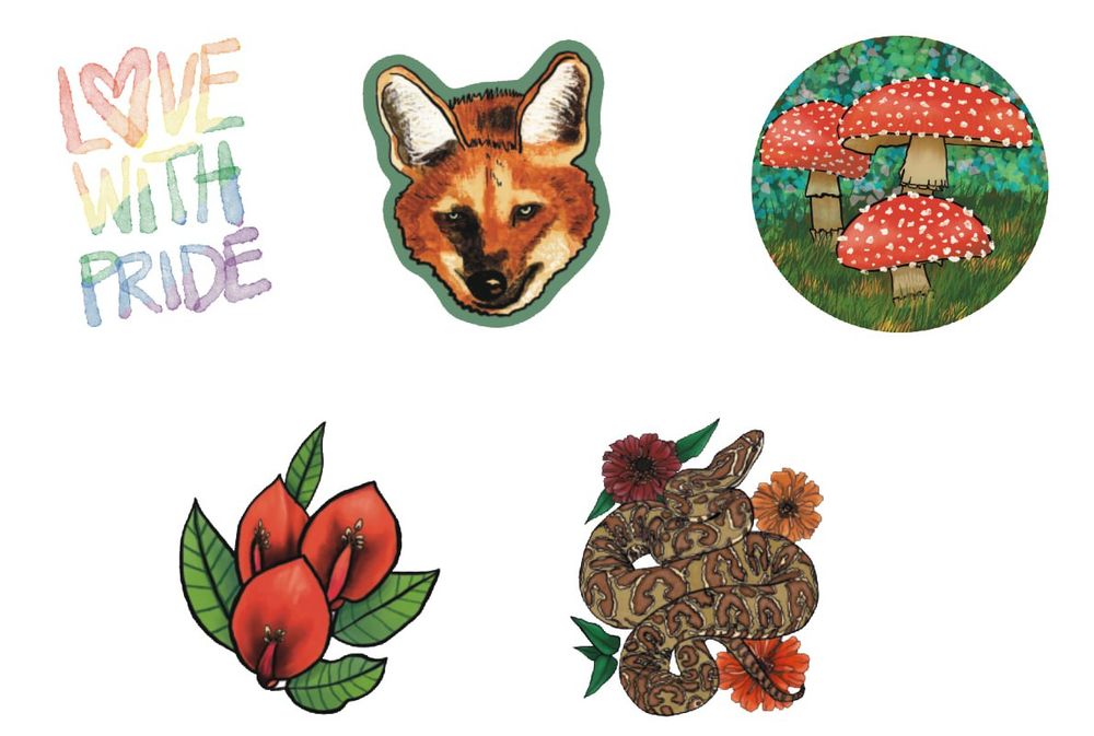 A white layout file showing 5 stickers designs: 'love with pride' wrote in rainbows watercolors where the O is replaced with a heart, an aguará guazú head, a round design that shows several Amanita muscarias on a grassy field, the flower of ceibo, a big snake (Yarará grande) coiled over herself with several flowers around her (Zinnias in orange and reddish tones)