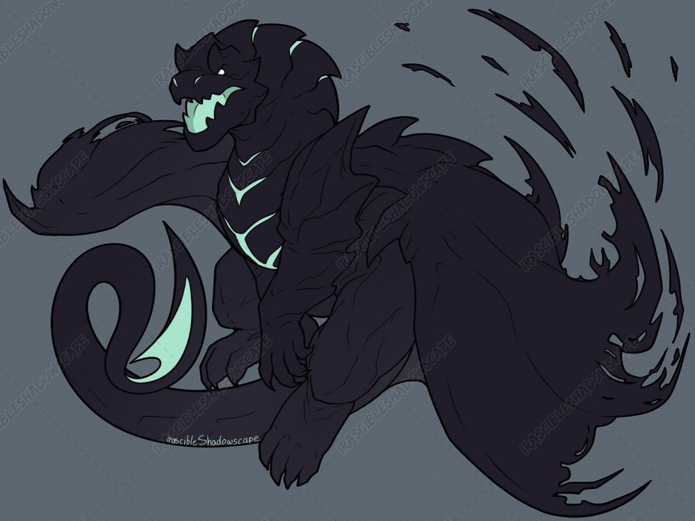 A drawing of a dark dragon with pale turquoise accents.