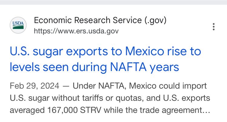 Economic Research Service (gov) https://www.ers.usda.gov U.S. sugar exports to Mexico rise to levels seen during NAFTA years Feb 29, 2024 - Under NAFTA, Mexico could import U.S. sugar without tariffs or quotas, and U.S. exports averaged 167,000 STRV while the trade agreement...