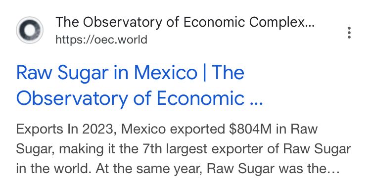 The Observatory of Economic Complex... https://oec.world Raw Sugar in Mexico | The Observatory of Economic ... Exports In 2023, Mexico exported $804M in Raw Sugar, making it the 7th largest exporter of Raw Sugar in the world. At the same year, Raw Sugar was the...