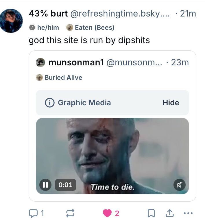 screencap of the above post with the graphic media displayed. it's roy wattie the android from blade runner, smiling. seen from the neck up.
