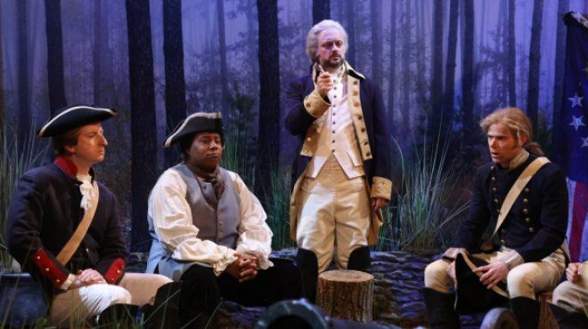 James Austin Johnson, Kenan Thompson, host Nate Bargatze, and Mikey Day during the “Washington’s Dream” sketch on snl
