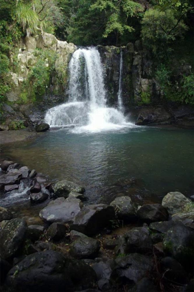 a waterfall is surrounded by rocks and trees in a forest