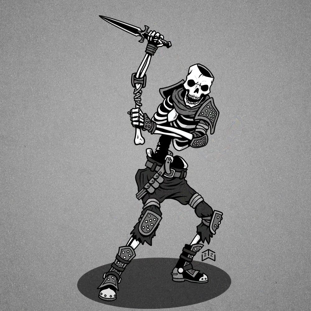 A human skeleton with the top of their skull cleaved off, wearing ragged pants, metal-tipped boots, and studded shoulder and elbow pads wields their detached right arm with their left hand. The right hand holds a dagger and together with the arm makes a pick-like weapon.