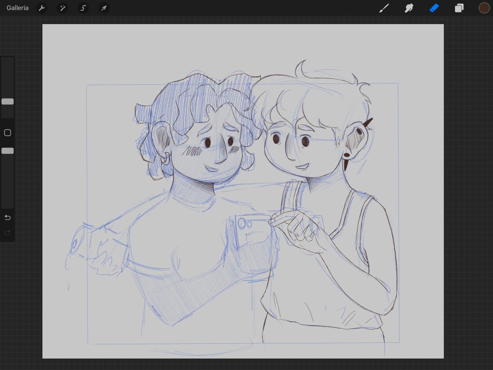 Sketch of two young boys. The one on the left is holding a phone and he’s showing the screen to the one ok the right. The boy on the right is pointing at the phone and has his right arm around the shoulder of the other boy