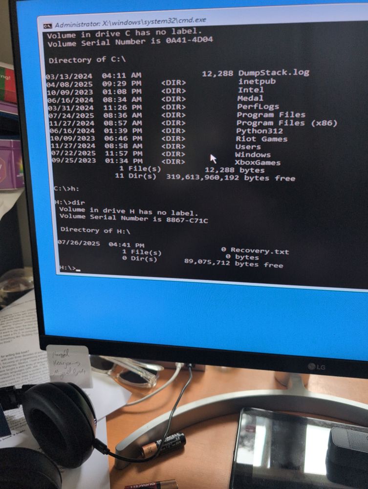 Dos box showing data is there but H:\ has no useful recovery logs unlike the messages suggestion