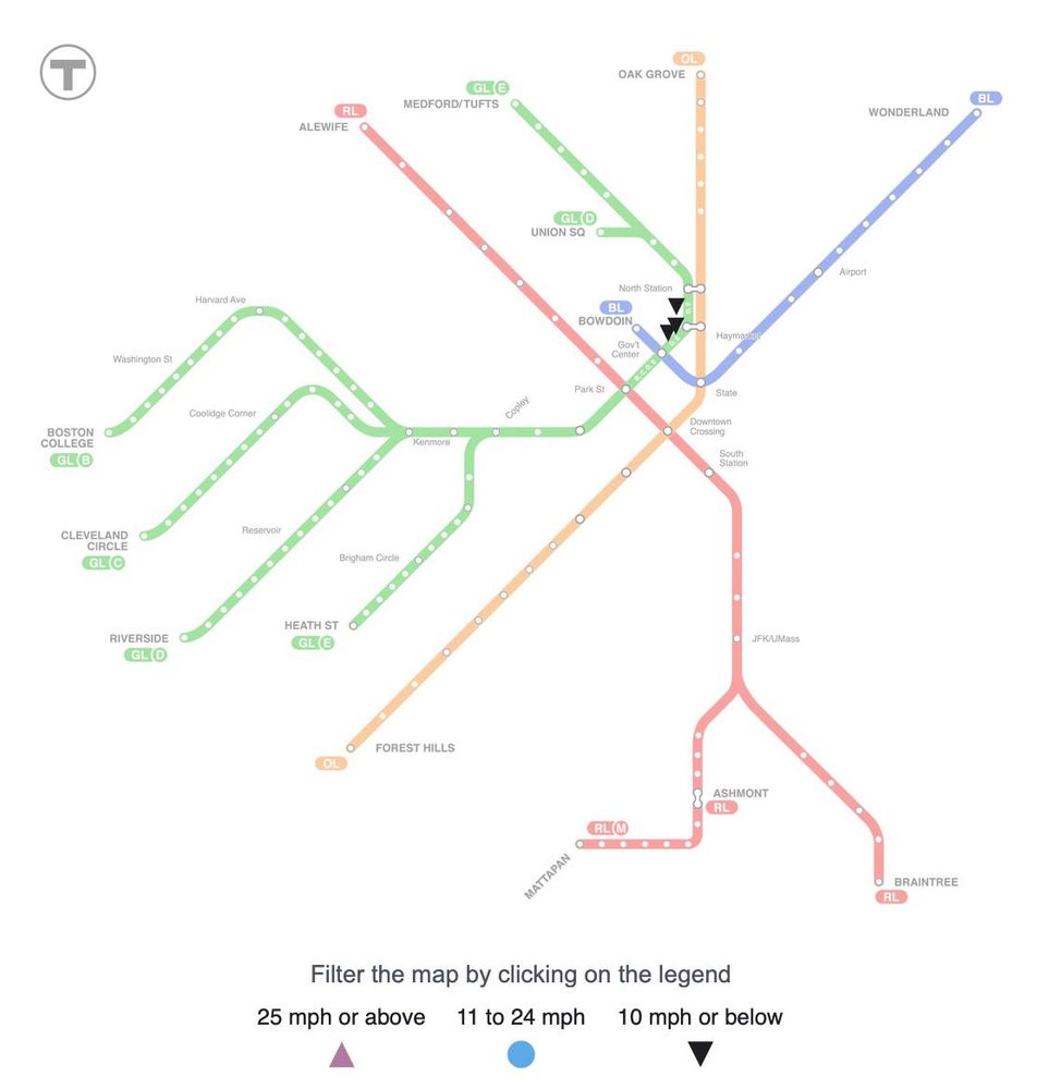MBTA map displaying active slow zones. The previous version of this map showed two slow zones on the northbound track on the red line Ashmont branch, which have now been repaired and sorted. 