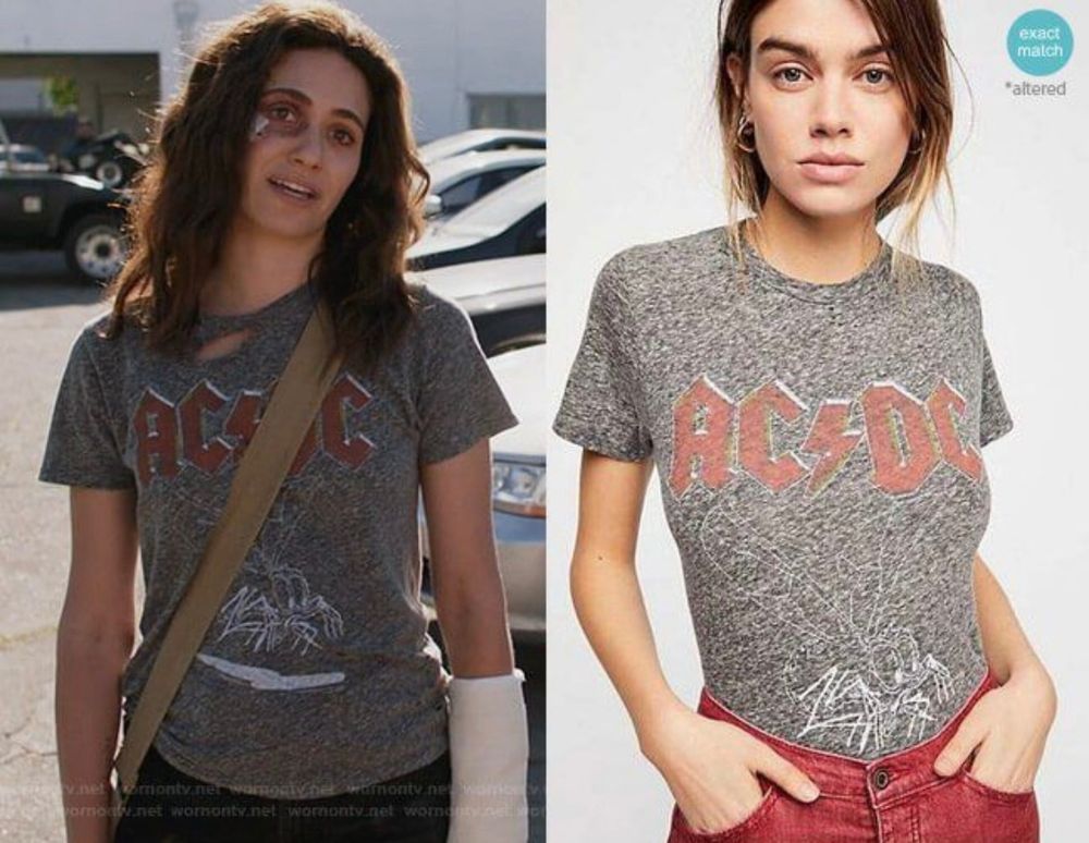 Woman wearing gray AC/DC tshirt