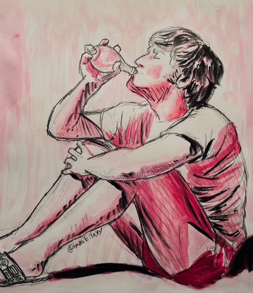 Tシャツに海水パンツで体育座りをしながらオランジーナを飲むジョン・レノンの写真を模写したイラスト