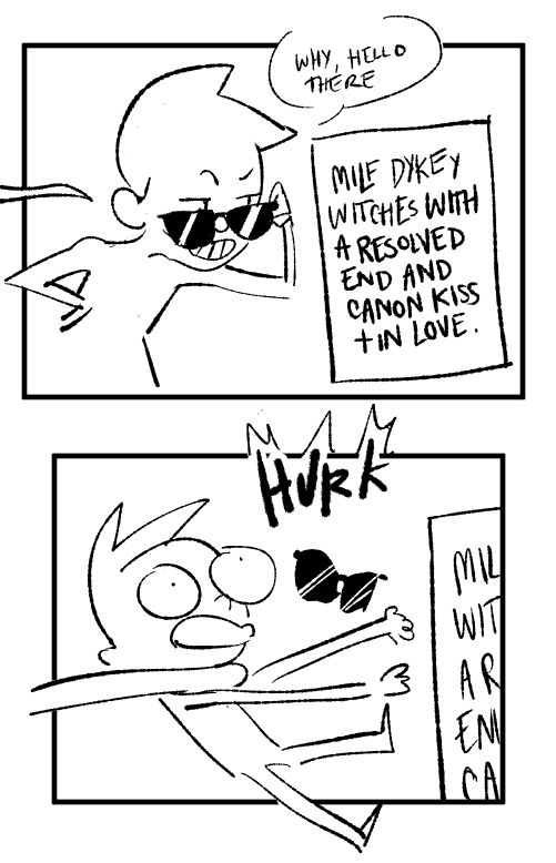 simple 2 panel comic, first panel the artist is flirting by tipping down her sunglasses at a box that says "Milf sykey witch with a resolved end and canon kiss & in love" with a "why, hello there" and a small tentacle is reaching out for her behind her back. Second panel the tentacle has grabbed her around the throat, away from the box, sunglasses flying, she lets out a "HURGK" of suprise.