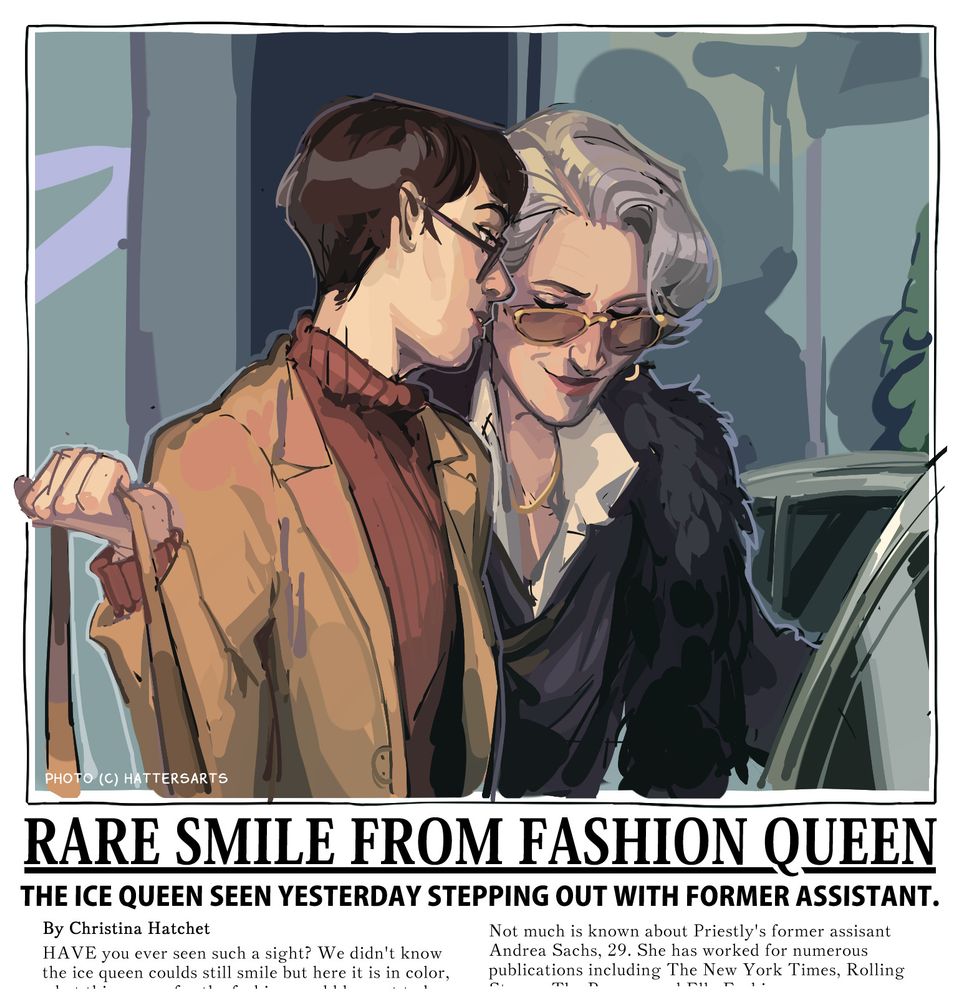 painting of fake newspaper with a very comfortable and intimate looking andy and mirandy from devil wears prada getting out of a taxi with the headline "RARE SMILE FROM FASHION QUEEN"