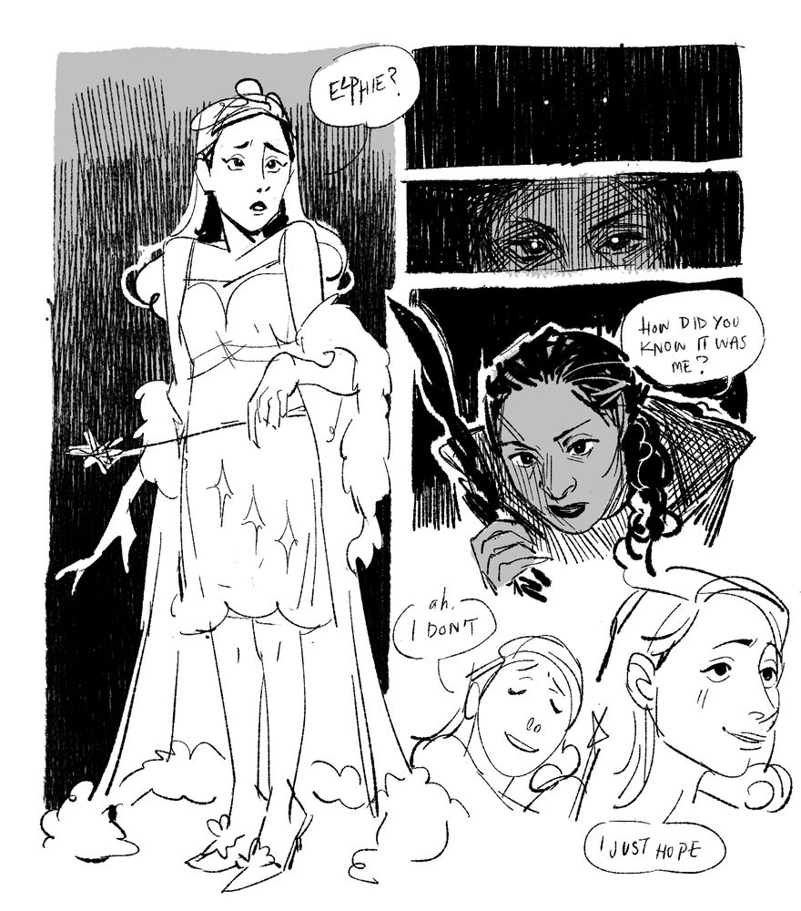 back and white comic of elphie visiting galinda at night, galinda asks the darkness "elphie?" where elphie is revealed and asks how she knew it was her before galinda reveals she didn't, she just hoped