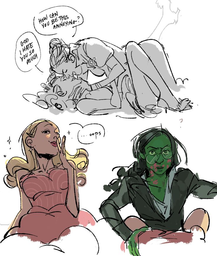 sketches of galinda and elphaba from the wicked movie making out while being annoyed with each other