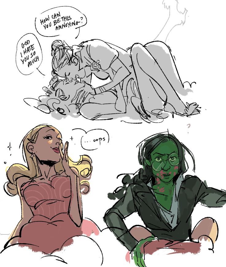 sketches of galinda and elphaba making out saying "i hate you" and "how can you be this annoying" and lipstick smudges all over elphaba's face