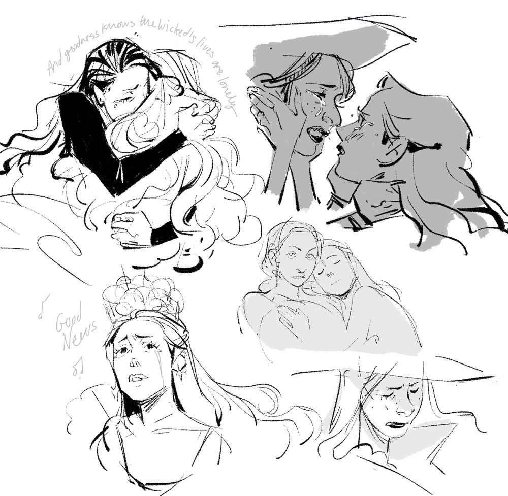 various sketches of gelphie kissing and crying and hugging, the lyrics "and goodness knows the wicked's lives are lonely" and "good news!" are among them