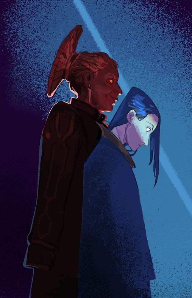 an ominous painting of Caitlyn and Ambessa from Arcane. Ambessa is looming behind Cait in shadow while Cait's face is lit by a beam of light and she looks down with a shell-shocked expression