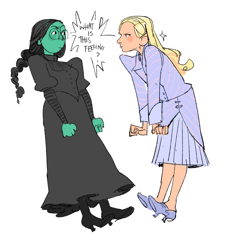 a coloured sketch of elphaba and glinda from the wicked movie giving each other death stares with the song lyric "what is this feeling" written between them