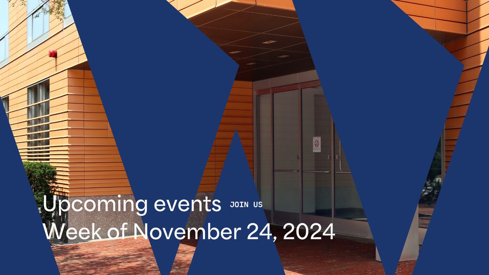 An image of the entrance of the Knafel Building with a dark blue graphic overlayed and white text for upcoming events for the week of November 24.