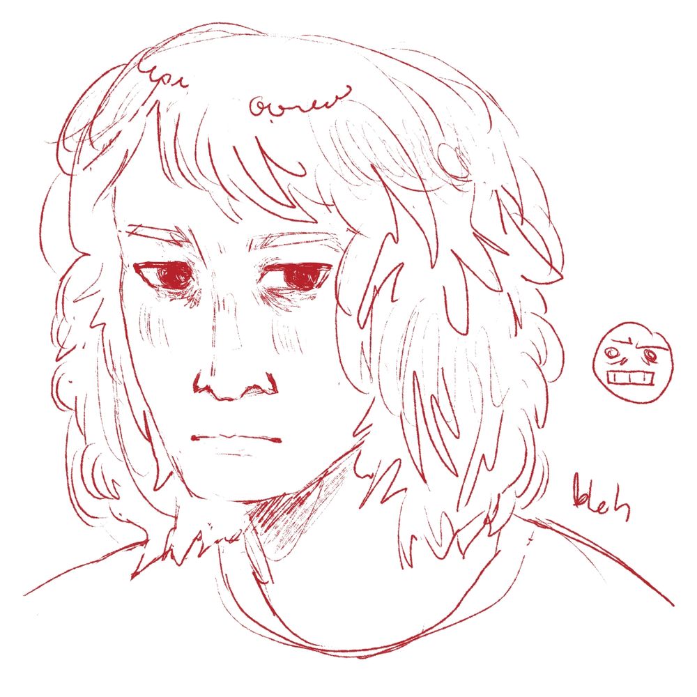 digital sketch of evan myers from everymanhybrid. there's a note on the side that says bleh and a sketch of a stressed emoji