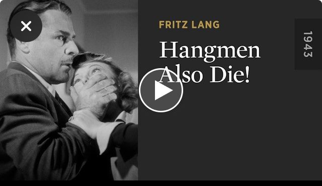 Screenshot from Fritz Lang’s 1943 film “Hangmen Also Die” with male character holding his hand over female character’s mouth.