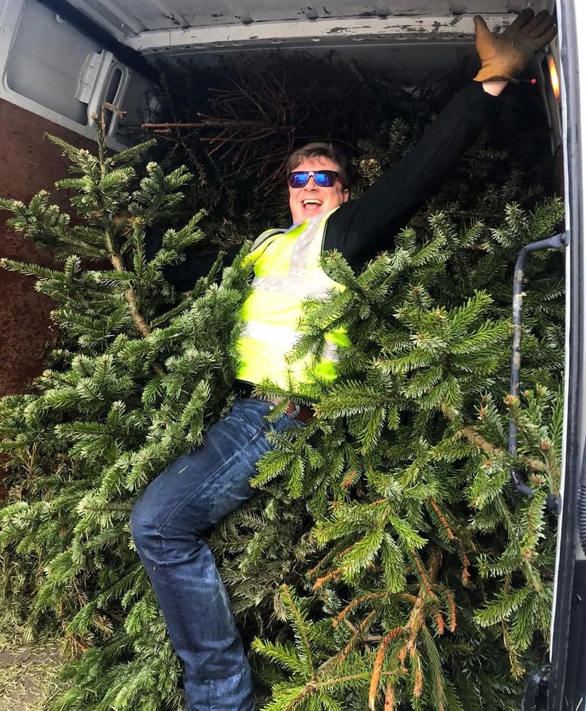 Man in a van full of Christmas trees and wearing hi-vis 