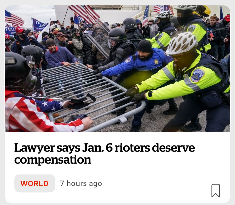 Headline from CBC that reads "Lawyer says January 6 rioters deserve compensation.