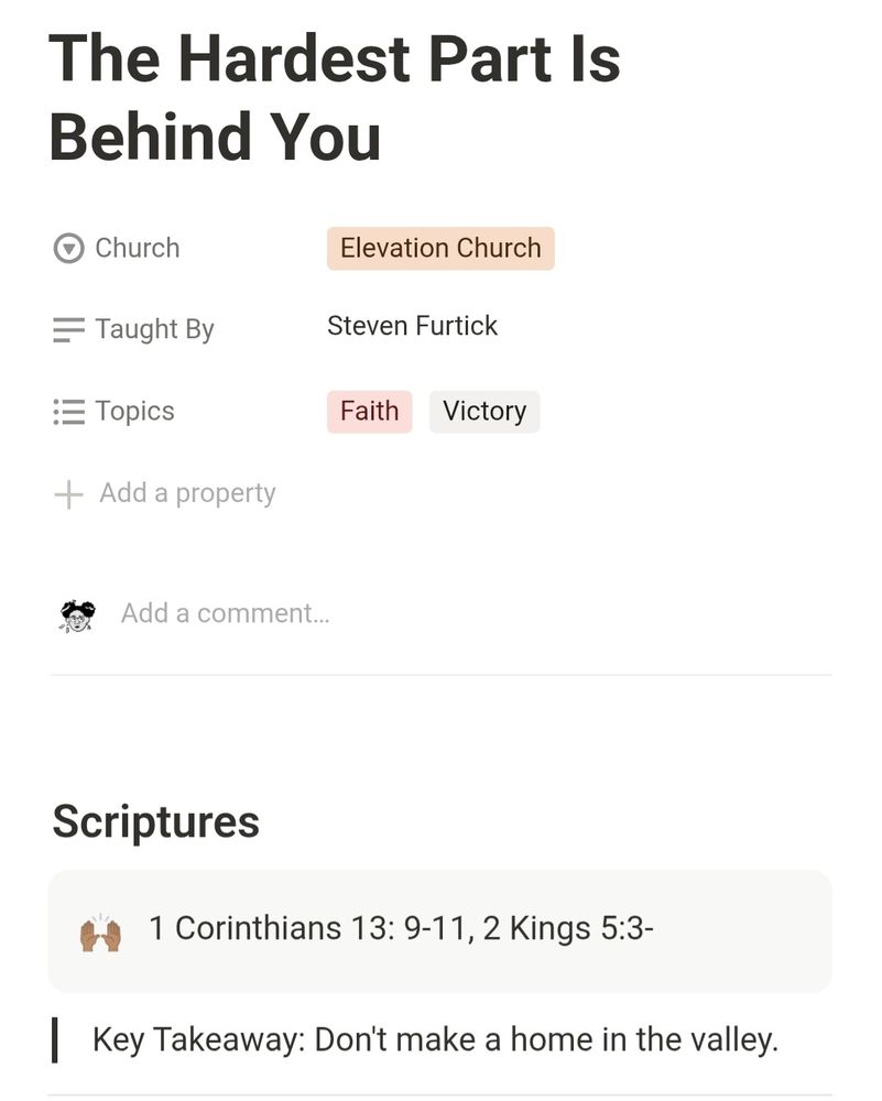 Screenshot of Notion board of sermon notes from Steven Furtick's recent sermon, "The Hardest Part Is Behind You."