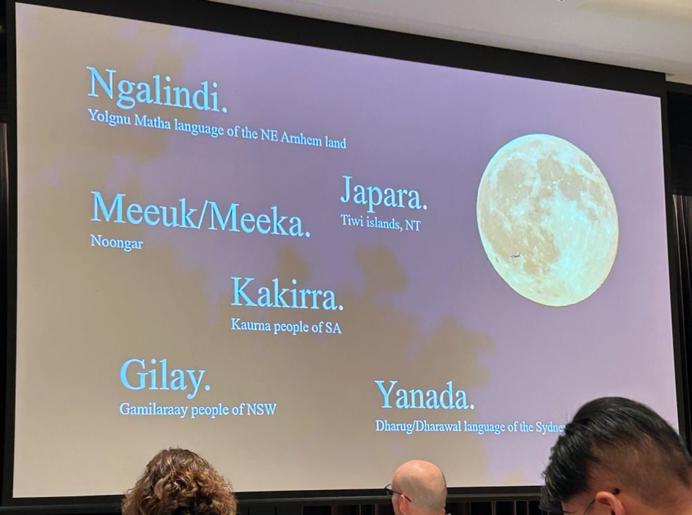 Names for the moon in several Aboriginal languages, next to an image of the moon. Examples are Ngalindi (Yolgnu Matha language) and Kakirra (Kaurna people of SA)