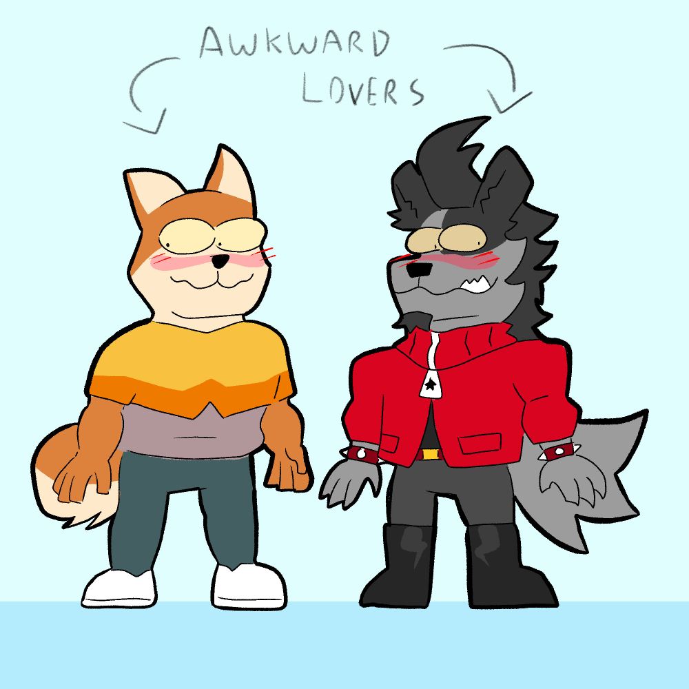 A drawing of an anthropomorphic Wolf and Shiba Inu. These are the characters Lucas and Dobie that belong to @/javigameboy. They are both standing, staring away from each other while blushing. There is a caption with arrows that says "Awkward Lovers".