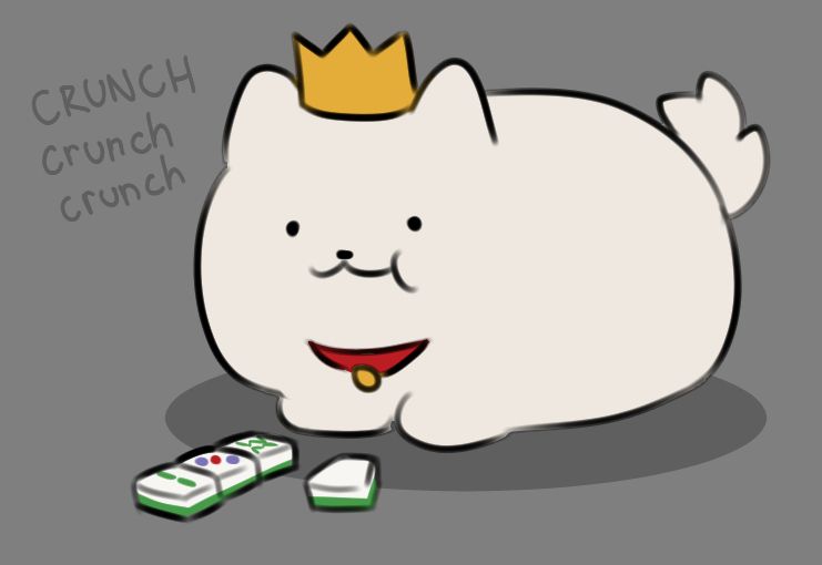 The artist's mascot (who is a simple white dog with a red collar and gold crown) loafing and eating some mahjong tiles from the floor.