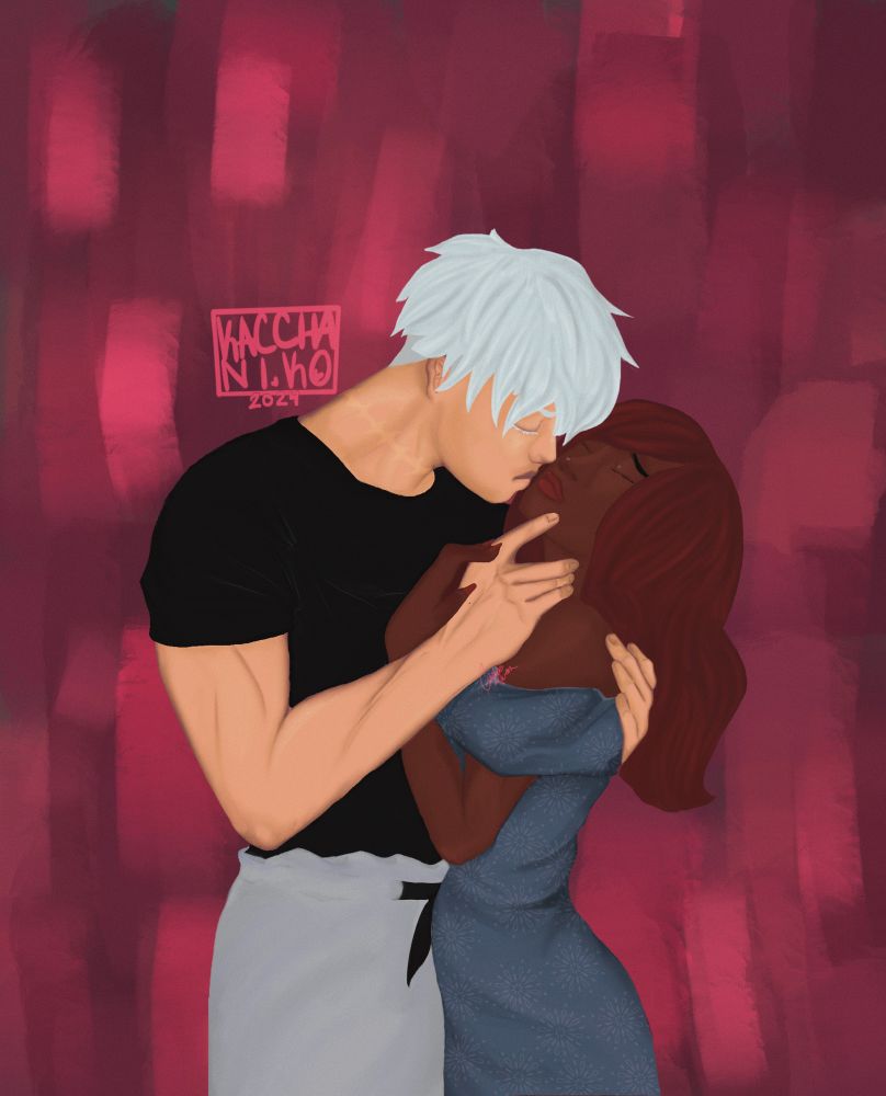 A man and woman locked in a loving embrace with pink background.