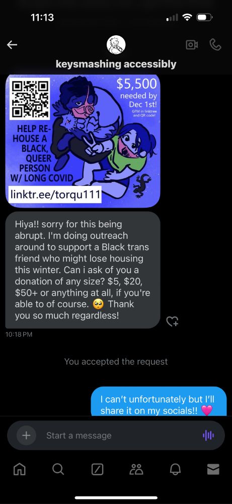 dms between me and an individual on twitter who is asking for help raising funds for a Black trans friend of theirs who could lose housing this winter