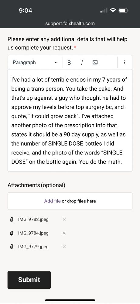 screenshot of me scolding folx health again basically explaining to them how four single dose bottles does not a 90 day supply make