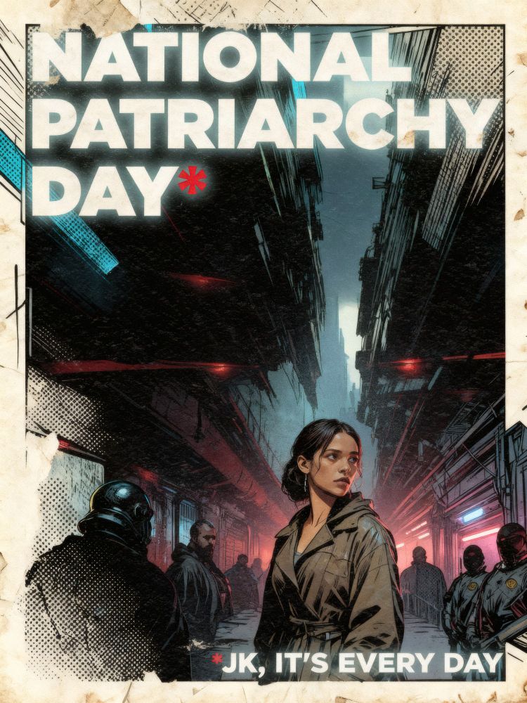 Vintage comic-book style poster by Monkey Chéri titled National Patriarchy Day. A woman stands defiant in a dystopian alley as armored men watch. The image has a distressed, paper texture and worn edges, evoking underground zine art.